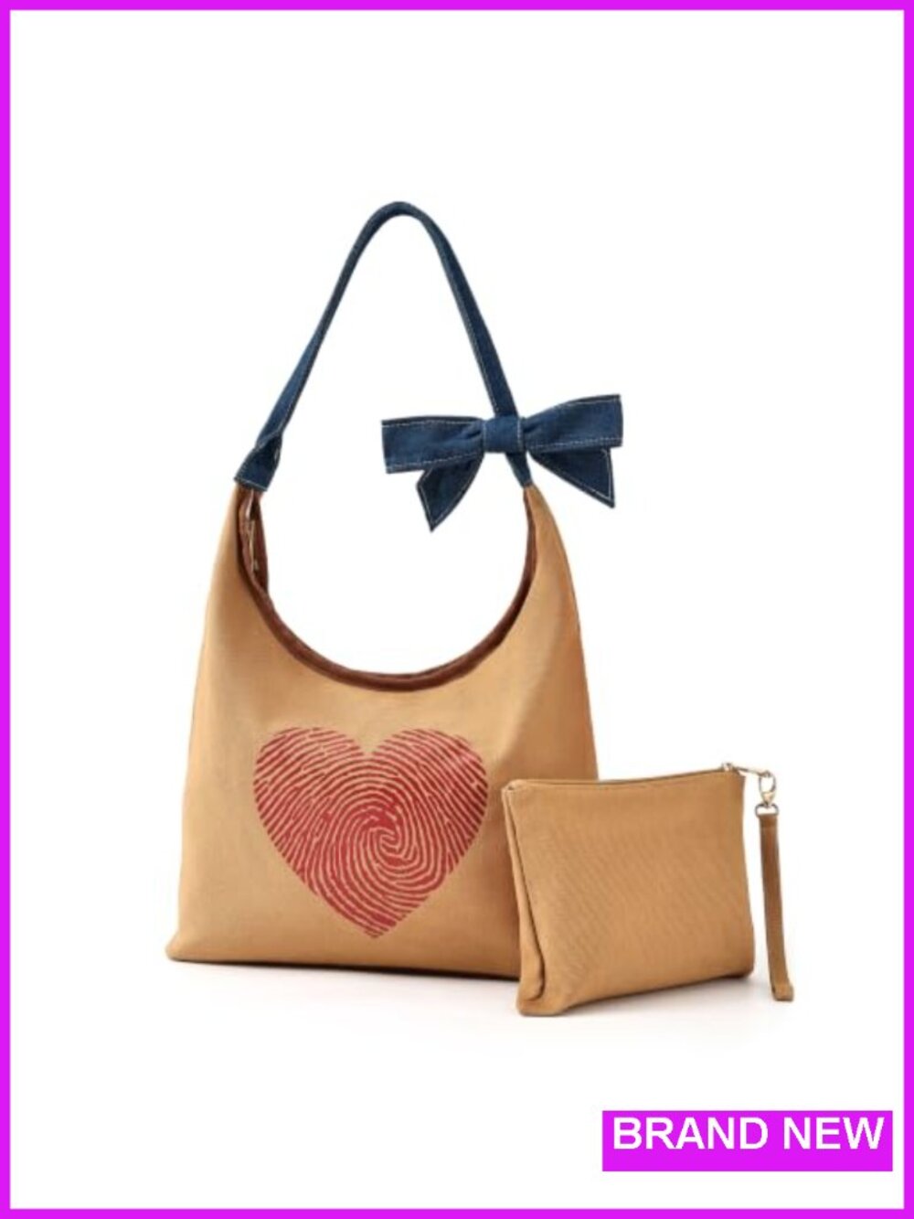 Canvas Hobo Bag Set with Detachable Bow Strap and Pouch